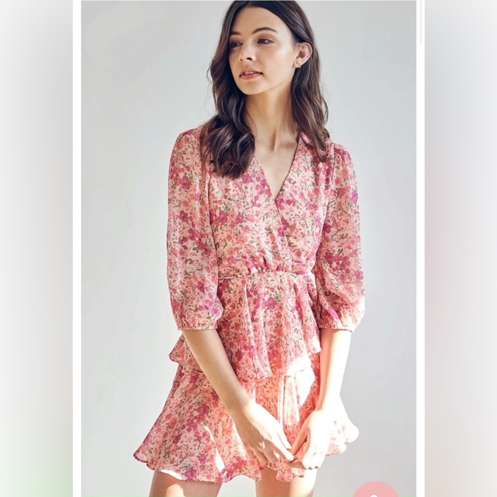 Flirty Romantic Prairie Pink Floral Ruffle V-Neck Cottagecore Croquette Dress